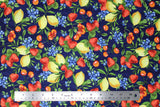 Flat swatch berry print fabric in berries dark blue