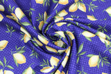 Swirled swatch berry print fabric in tossed lemons