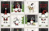 Half panel swatch - Happy Holidays Panel (24" x 45") (grey rectangular panel with rectangular designs on ends and square designs in center: holiday gnome themed graphics inside, christmas related text "Happy Holidays" "Tis the Season" etc)