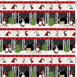 Square swatch Stripe fabric (pale grey/beige stripes with red, white and black decorative gnome hats, thick stripes of gnome outdoor winter night scene with skating, deer and sleighs, all separated by thin red stripes with white snowflakes)