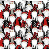 Square swatch Stacked Gnomes fabric (busy collaged gnomes allover in white, black and red plaid, striped and polka dotted outfits, faces hidden and big white beards)