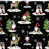 Square swatch Jolly fabric (black fabric with white snowflakes and dots allover with tossed gold stars and white glacier style platforms with christmas themed gnomes, trees, and deer)