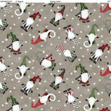 Square swatch Tossed Gnomes fabric (beige/grey fabric with tossed gnomes allover in black, white, red, and green outfits with stripes, plaid and polka dots and tossed white stars allover)