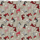 Square swatch Tossed Hats fabric (beige/grey slightly marbled look fabric with white swirls of snow dots and tossed gnome hats allover in white, black and red with stripes, plaid and polka dots)