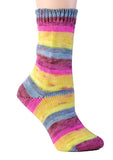 Berroco Comfort Sock yarn swatch (sock on foot) shade Wakatipu (deep pinks, yellows and blues)