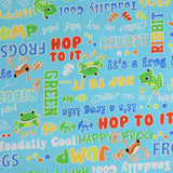 Square swatch toadally cool glow print fabric (light blue/aqua fabric with tossed frogs/toads in green and orange with primary coloured frog related text "Hop to it" "Green" etc.)