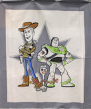 Full Toy Story panel swatch (37" x 47") (white rectangular panel with thick grey outline and grey star/badge behind with Woody, Buzz, and Forky in front)