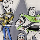 Square swatch Toy Story panel - Woody, Buzz and Forky on white background with grey star