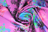 Swirled swatch bright floral print in orchid (bright medium purple fabric with large floral head splashes in navy/blue/turquoise/lime/pink)