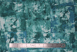 Flat swatch teal fabric (abstract paint look fabric on teal in light to dark teal green blue shades with various textures, shapes and circles)