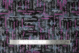 Flat swatch ballet fabric (black and grey marbled look fabric with small tossed light grey/white ballerina dancer silhouettes in various poses, horizontal and vertical text allover in white and pink, dance related words "Ballet" "Pirouette" etc.)