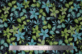 Flat swatch swatch Black fabric (black fabric with busy tossed pointy floral heads and leaves in blue, green and grey)