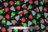 Flat swatch hats fabric (black fabric with tossed Christmas/winter style cartoon hats in red, green, white, grey in various styles with tossed holly and tree sprigs)