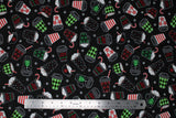 Flat swatch hot drinks fabric (black fabric with tossed coffee cups, coffee mugs, tea cups, etc. with hot drinks and Christmas decorated mugs and cups in red, green, white, with candy canes and tossed white snowflakes allover)