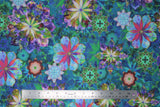 Flat swatch venice lawns fabric in green (medium/deep green blue marbled fabric with floral kaleidoscope style design in blue, green, pink, yellow)