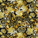 Floral Honeycomb fabric swatch (black fabric with tossed yellow and white honeycombs with swirly leaves in white and gold, tossed bees and crowns)
