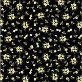 Floral Toss Black fabric swatch (black fabric with small tossed white floral and floral clusters and white "greenery" with tossed bees)