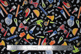 Flat swatch Tools Toss fabric (black fabric with tossed cartoon style tools allover in bright colours: drills, measuring tapes, pliers, screw drivers, screws, nuts, bolts, hard hats, pilons, etc.)