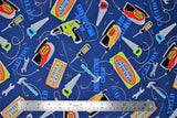 Flat swatch Builders Depot fabric (blue fabric with tossed cartoon style construction tools with long cords and tossed blue "Caution" text)