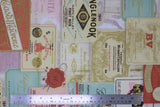 Flat swatch Paris themed upholstery fabric (collage of French labels/stamps/seals in various shapes and colours)