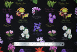Flat swatch Provincial Flowers fabric (black fabric with colourful realistic look provincial flowers allover with descriptions/labels)