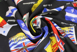 Swirled swatch Provincial Flags fabric (black fabric with tossed provincial flags allover with text labels)