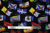Flat swatch Provincial Flags fabric (black fabric with tossed provincial flags allover with text labels)