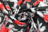 Swirled swatch cardinals fabric (black fabric with tossed red cardinals with silver leaves and floral with metallic effect and red berries)