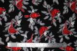 Flat swatch cardinals fabric (black fabric with tossed red cardinals with silver leaves and floral with metallic effect and red berries)