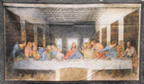 Full panel swatch Leonardo Da Vinci collection fabric in The Last Supper panel (faded material Last Supper graphic on marbled dark grey background)
