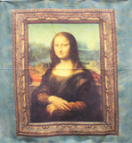 Full panel swatch Leonardo Da Vinci collection fabric in Mona Lisa panel (Mona Lisa painting in gold antique frame on a pale blue marbled background)