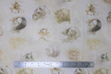 Flat swatch Leonardo Da Vinci: Faces fabric (white fabric with beige/neutral toned face sketches spaced out)