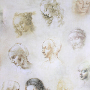 Square swatch Leonardo Da Vinci: Faces fabric (white fabric with beige/neutral toned face sketches spaced out)