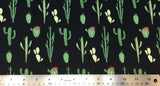 Flat swatch multi cactus style printed fabric in black (black fabric with assorted size/shape cartoon cacti in green shades)