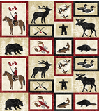 Square swatch Oh Canada collection fabric (beige fabric with white/black/red square and rectangle frames with Canada emblems: beaver, fish, geese, Mounty, moose, etc.)