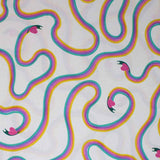 Square swatch snail print fabric (white fabric with small cartoon simple drawing green snails with pink heart shells and rainbow coloured trails behind in swirly design)