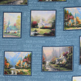 Square swatch church squares fabric (pale blue fabric with pale white/light blue deconstructed lord's prayer text allover and square/rectangle photo illustrations of churches with blue frames)