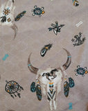 Square swatch southwest print fabric (light grey fabric with subtle white cross pattern and tossed southwest emblems animal skull, feathers, dream catchers, turtles all in a white/aqua/yellow colourway)
