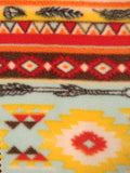Square swatch southwest print fabric (striped pattern with geometric shapes, arrows, and feathers with a yellow/red/brown colourway)