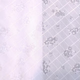 Square swatch white Poly/Cotton Burnout material with clear and white checkered print with tossed small floral groupings