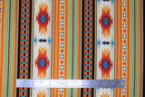 Flat swatch Gold fabric (vertical striped southwest print style fabric in orange, red, teal blue shades)