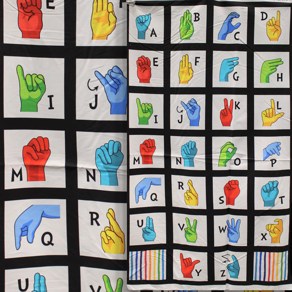 Square swatch Sign Language Panel (25x45) (black panel with white squares for each letter of alphabet showing with corresponding ASL hand sign in blue, green, purple, yellow, red colours assorted)