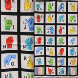 Square swatch Sign Language Panel (25x45) (black panel with white squares for each letter of alphabet showing with corresponding ASL hand sign in blue, green, purple, yellow, red colours assorted)