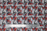 Flat swatch comic packed fabric (white fabric with varying size rectangular comic panels with Spiderman graphics, and "This looks like a job for Spider-Man!" text)