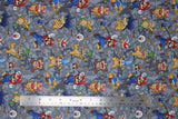 Flat swatch Mario fabric (light and dark grey camo/distressed look fabric with tossed full colour characters Mario and assorted enemies goombas, turtles, boos, etc. with tossed gold coins)