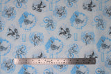 Flat swatch sketch fabric (white and blue tiny checked fabric with small sketched Marvel characters with blue shading/clouds around and small "Marvel" badges in blue)