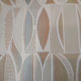 Square swatch upholstery fabric with abstract canoe like shapes pattern (white fabric with pale beige/blue/orange pattern)