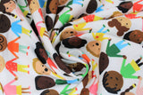 Swirled swatch see us hear us love us fabric (white fabric with lines/stripes of diverse cartoon children holding hands)