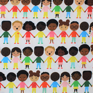 Square swatch see us hear us love us fabric (white fabric with lines/stripes of diverse cartoon children holding hands)