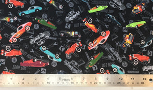 Group swatch hot rod printed fabric in black and blue